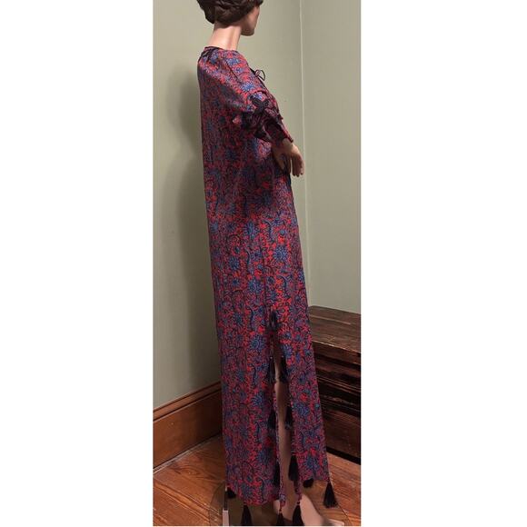 ROLLER RABBIT Red/Blue Floral Kurta Maxi KAFTAN/DRESS w/Tassels/Soutache Braid - Picture 6 of 8
